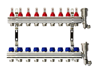 Коллекторная группа FHF-9RF set 9 контуров 1'x3/4' с расходомерами, воздухоотводчиками и кронштейнами (Ridan) 088U0729R