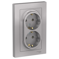 Розетка ATLASDESIGN двойная с заземлением 16А в сборе алюминий (Systeme Electric) ATN000324