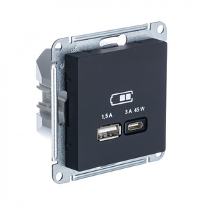 ATLASDESIGN USB РОЗЕТКА A + тип-C 45W высокоскор.заряд. QC, PD, механизм, КАРБОН (Systeme Electric) ATN001029