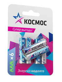 Батарейка  LR03 (АAA) 1.5V Alkaline 6BL, КОСМОС (Космос) KOCLR03BL6