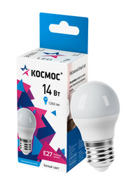 Лампа светодиодная LED 14Вт Шар 220В Е27 D45х80 4500К белый 1260 лм (Космос) LkecLED14wGL45E2745