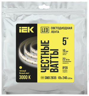 Лента светодиодная 5 м SMD2835 240LED/м 22Вт/м IP20 ширина 10мм 24В теплый белый (IEK) LSR6-1-240-20-1-05