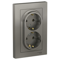 Розетка ATLASDESIGN двойная с заземлением 16А в сборе сталь (Systeme Electric) ATN000924