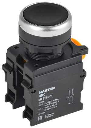 Кнопка d=22мм 1NO+1NC чёрная MASTER (IEK) MI-BT60-11-3-22-K02