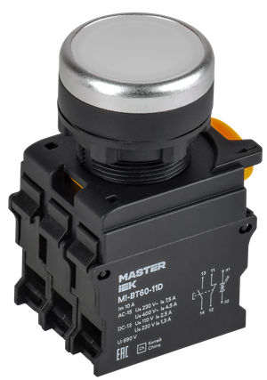 Кнопка с подсветкой d=22мм 1NO+1NC белая MASTER (IEK) MI-BT60-11D-3-12-K01