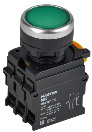 Кнопка с подсветкой d=22мм 1NO+1NC зелёная MASTER (IEK) MI-BT60-11D-3-12-K06