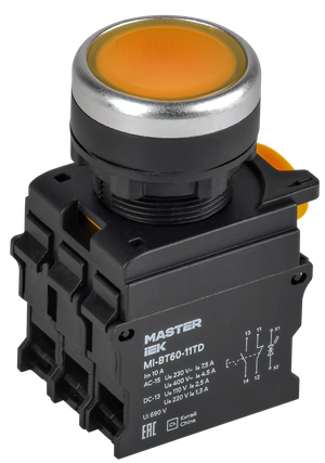 Кнопка с подсвет. и фикс. d=22мм 1NO+1NC жёлтая MASTER (IEK) MI-BT60-11TD-3-11-K05