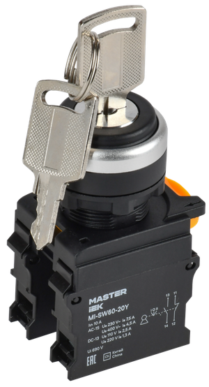 Переключатель с ключом на 3 положения 2NO чёрный MASTER (IEK) MI-SW60-20Y-3-34-3-K02