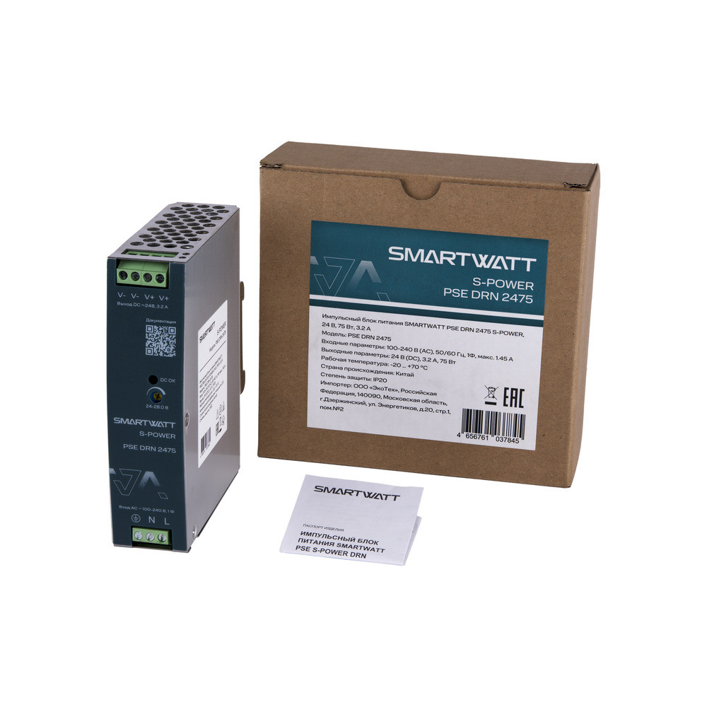 Импульсный блок питания SMARTWATT PSE DRN 2475 S-POWER, 24 В, 75 Вт, 3,2 А (SMARTWATT) 4512020450021