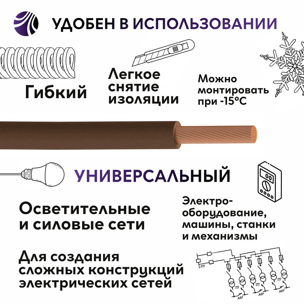 Провод силовой ПуГВнг(А)-LS 1х0,5коричневый ТРТС (Ореол)