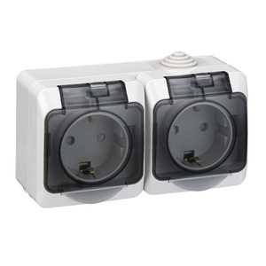 ЭТЮД Розетка двойная наружная с заземлением со шторками IP44 серая (Systeme Electric) PA16-244C