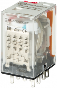 Реле промежуточное, 4 перекидных контакта 6А 230В AC блокируемая кнопка проверки, светодиод (Релеон) RP434823005