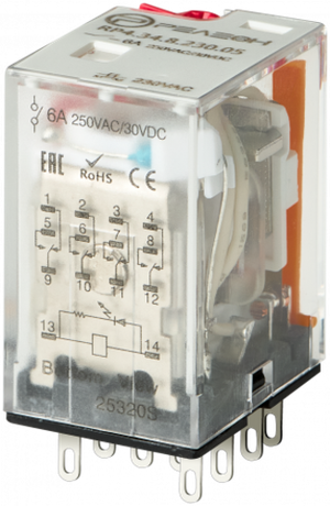 Реле промежуточное, 4 перекидных контакта 6А 230В AC блокируемая кнопка проверки, светодиод (Релеон) RP434823005