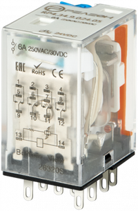 Промежуточное реле, 4 перекидных контакта 6А, 24В (DC), блокируемая кнопка проверки, светодиод (Релеон) RP434902405