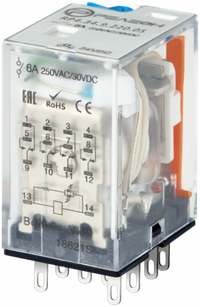 Промежуточное реле, 4 перекидных контакта 6А, 220В (DC), блокируемая кнопка проверки, светодиод (Релеон) RP434922005