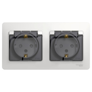 GLOSSA Розетка двойная с заземлением, со шторками, в сборе, IP44, белый (Systeme Electric) GSL000147