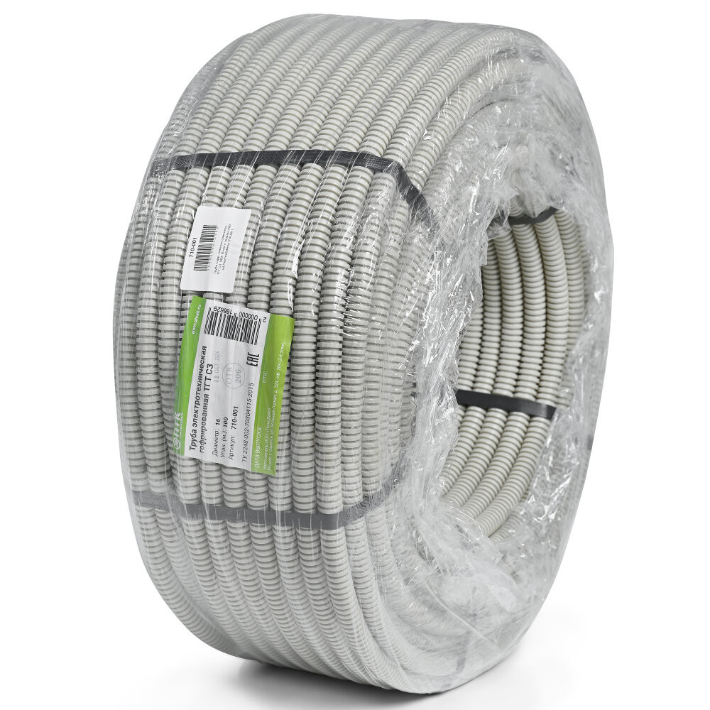 Труба гофр. тяжелая самозатух. ТГТ СЗ  ПВХ 16 мм сзондом (100 м) (состав ОКЛ) (ПожТехКабель) 710-001