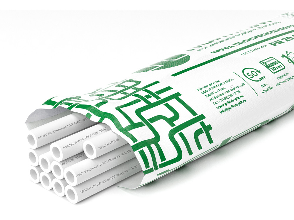 Труба полипропиленовая 20x3.4 SDR 6 PN 20 PPR белая, хлыст 4м (Политэк) 9002020034