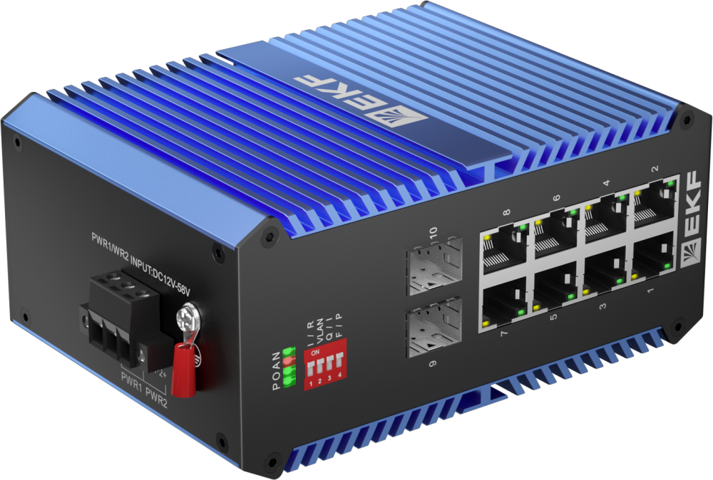 Коммутатор промышленный неуправляемый U-2GX/SFP-8GTP, 2 порта 1000Base-X SFP, 8 портов 10/100/1000Base-T(X) RJ45 c PoE, монтаж на динрейку TSX EKF (EKF) TSX-U-2GX/SFP-8GTP