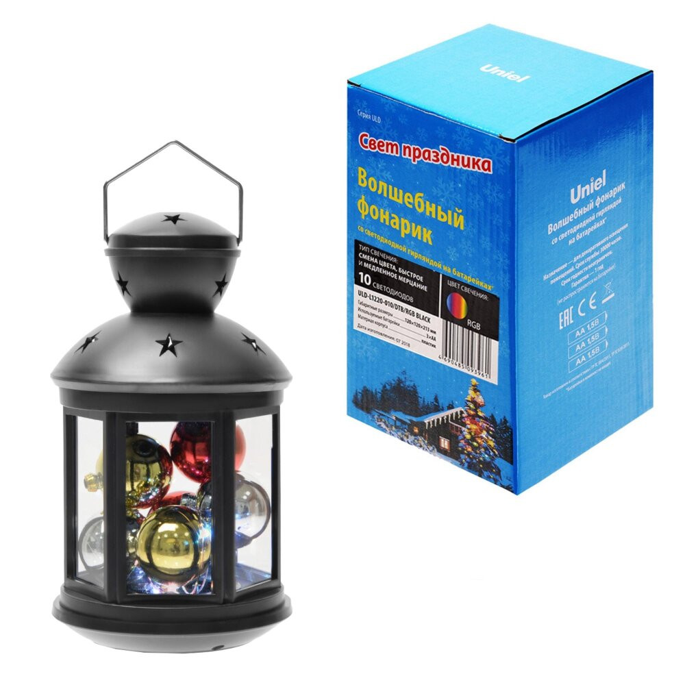 Фонарь со светодиодной гирляндой внутри на батарейке (в комплект не входит) 10 светодиодов RGB свет Режим мигания черный корпус 12х20 см ULD-L1220-010/DTB/RGB BLACK (Uniel) UL-00002309
