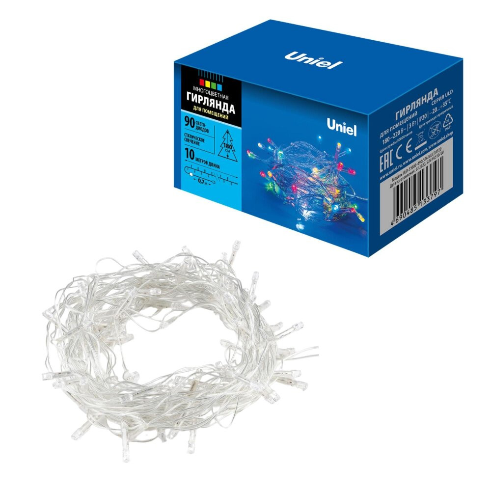 Гирлянда светодиодная 10м 90 светодиодов Разноцветный свет Провод прозрачный ULD-S1000-090/STA MULTI IP20 (Uniel) UL-00007179
