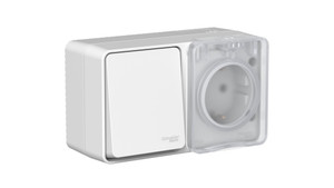 AtlasDesign PROFI IP54 блок открытого монтажа: розетка с заземлением со шторками 16А, выключатель 1-клав.10А, серый (Systeme Electric) ATN543070